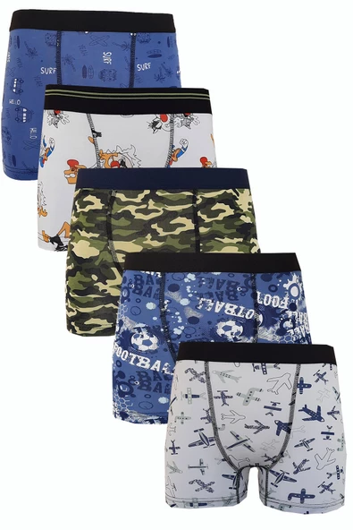 5li Erkek Çocuk Desenli Boxer Neşeli Ekonomik Pamuklu Paçalı Don - 4