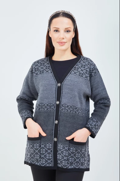 Kadın Siyah Gri Desenli Triko Düğmeli Cepli Kışlık Anne Hırkası - 2