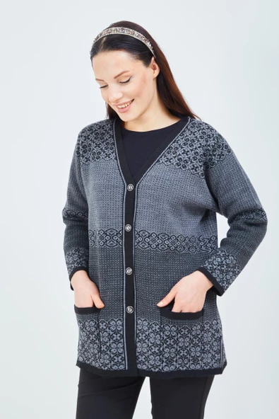 Kadın Siyah Gri Desenli Triko Düğmeli Cepli Kışlık Anne Hırkası - 4