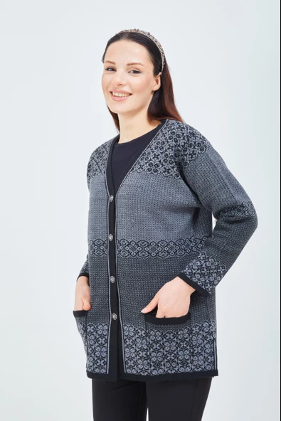 Kadın Siyah Gri Desenli Triko Düğmeli Cepli Kışlık Anne Hırkası - 5