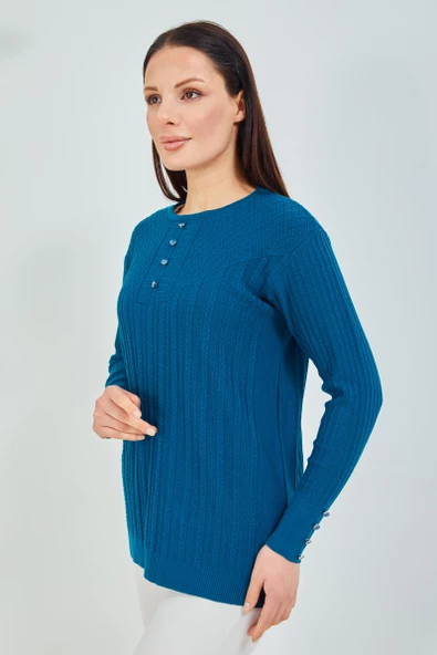 Anne Kazak Siyah Merserize Esnek Likralı Düğme Detaylı Bluz Kazak - 6