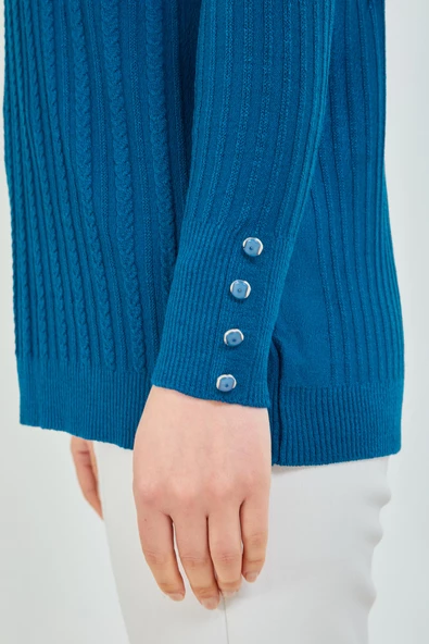 Anne  Kazak Siyah  Merserize Esnek Likralı  Düğme Detaylı Bluz Kazak - 8