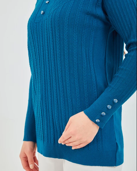 Anne Kazak Siyah Merserize Esnek Likralı Düğme Detaylı Bluz Kazak - 7