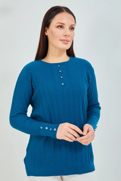 Anne Kazak Siyah Merserize Esnek Likralı Düğme Detaylı Bluz Kazak - 5