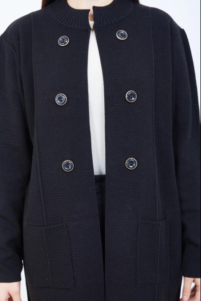 Anne Triko Cepli Düğme Detaylı Siyah Uzun Hırka - 4