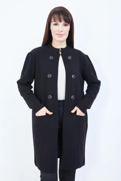 Anne Triko Cepli Düğme Detaylı Siyah Uzun Hırka