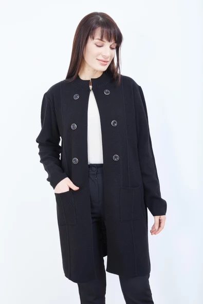 Anne Triko Cepli Düğme Detaylı Siyah Uzun Hırka - 3