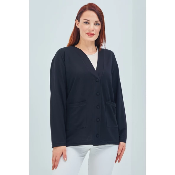 Kadın Vizon  Mevsimlik Cepli Düğmeli Kısa Penye Hırka - 4