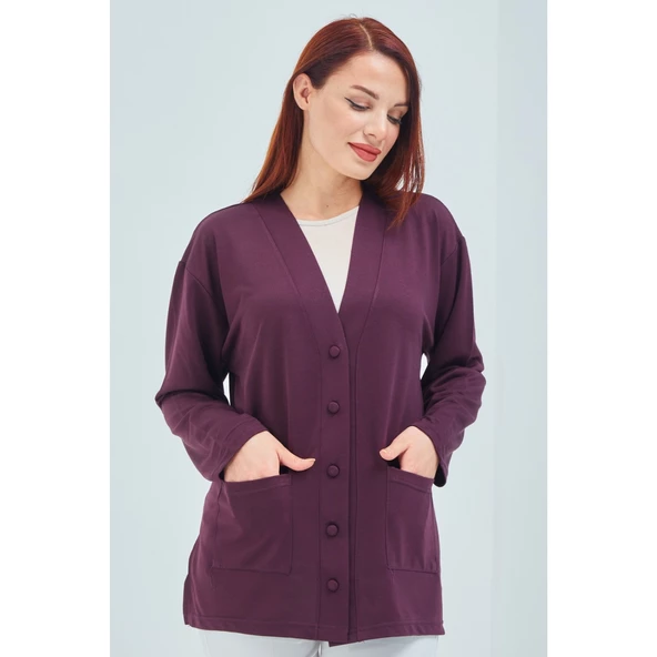 Kadın Vizon  Mevsimlik Cepli Düğmeli Kısa Penye Hırka - 8