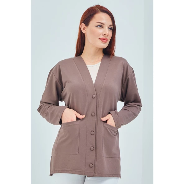 Kadın Vizon Mevsimlik Cepli Düğmeli Kısa Penye Hırka