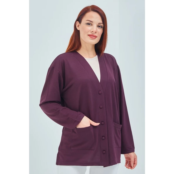 Kadın Vizon Mevsimlik Cepli Düğmeli Kısa Penye Hırka - 9