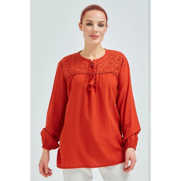 Fresh&Moda Kadın Haki Şile Bezi Anne Penye Bluz - 7