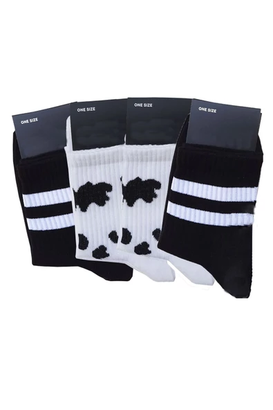 4lü Unisex İnek Desenli Kısa Konç Çorap Siyah-Beyaz Tenis Spor - 4