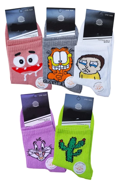 5li Unisex Desenli Yarım Konç Çorap Pamuklu Eğlenceli Tenis Spor - 2