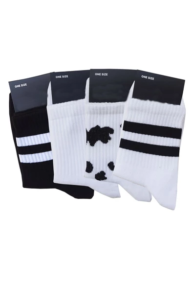 4lü Unisex İnek Desenli Kısa Konç Çorap Siyah-Beyaz Tenis Spor - 3