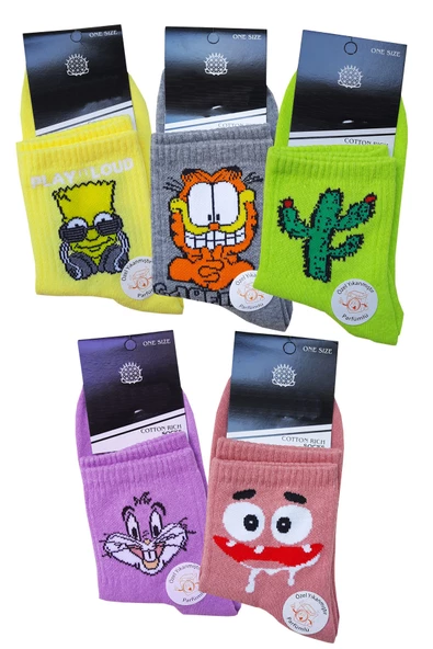 5li Unisex Desenli Yarım Konç Çorap Pamuklu Eğlenceli Tenis Spor - 5