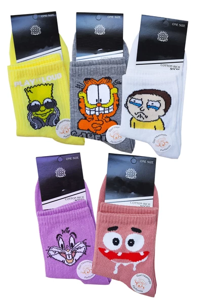 5li Unisex Desenli Yarım Konç Çorap Pamuklu Eğlenceli Tenis Spor - 3