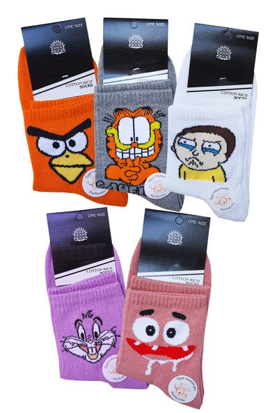 5li Unisex Desenli Yarım Konç Çorap Pamuklu Eğlenceli Tenis Spor - 4