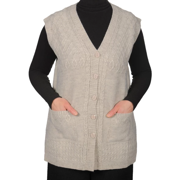 Büyük Beden Kadın Hakı Yeşil Düğmeli Yelek - 3