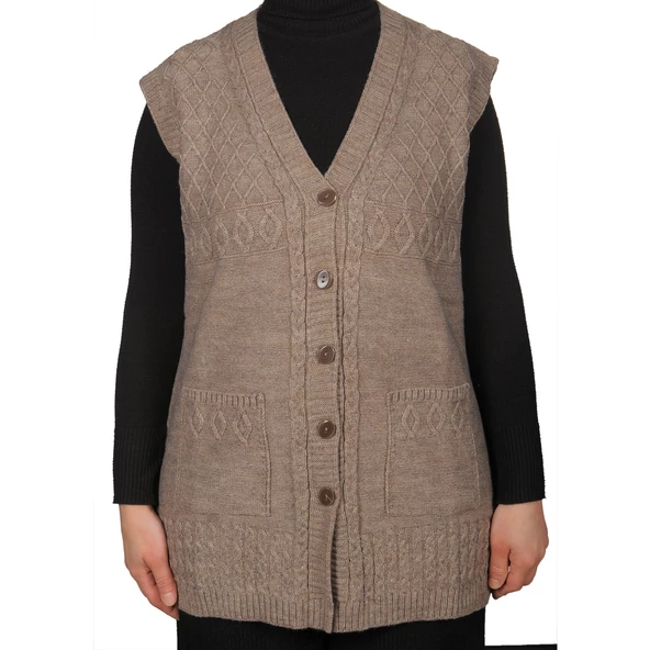 Büyük Beden Kadın Hakı Yeşil Düğmeli Yelek - 9