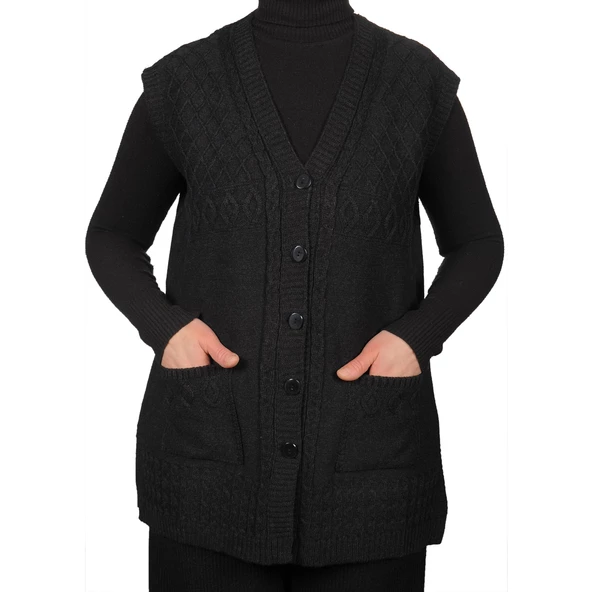 Büyük Beden Kadın Hakı Yeşil Düğmeli Yelek - 11