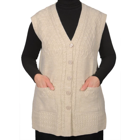 Büyük Beden Kadın Hakı Yeşil Düğmeli Yelek - 5