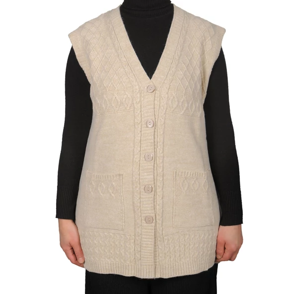 Büyük Beden Kadın Hakı Yeşil Düğmeli Yelek - 6