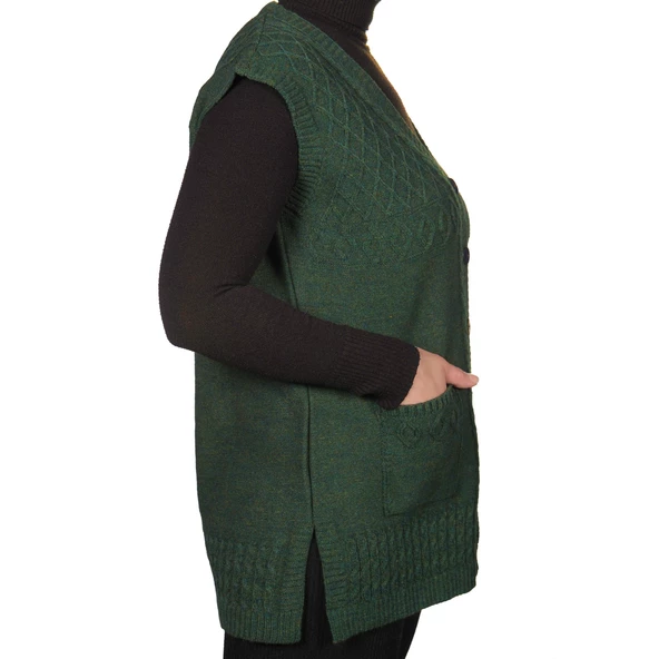 Büyük Beden Kadın Hakı Yeşil Düğmeli Yelek - 2