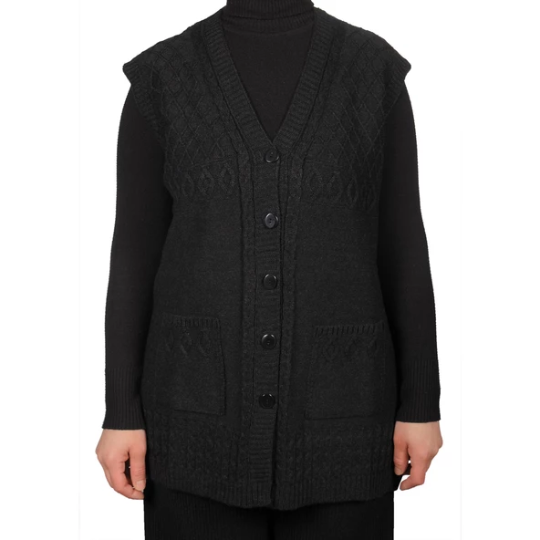 Büyük Beden Kadın Hakı Yeşil Düğmeli Yelek - 12