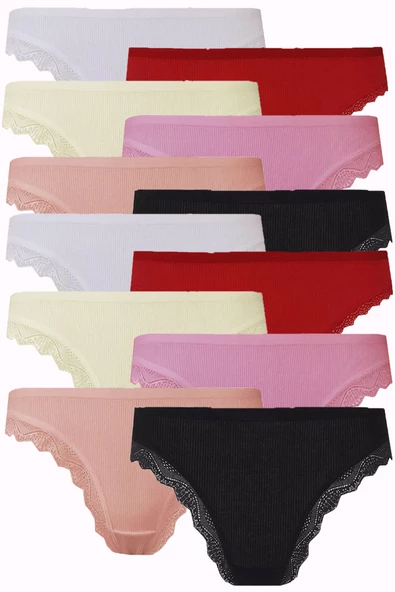 12li Kadın Kaşkorse Dantelli Bayan Külot Pamuklu Renkli Bikini - 2