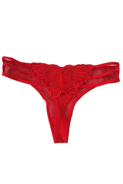 Kadın Kırmızı Önü Transparan Arka Kelebek Detaylı Tanga Külot - 4