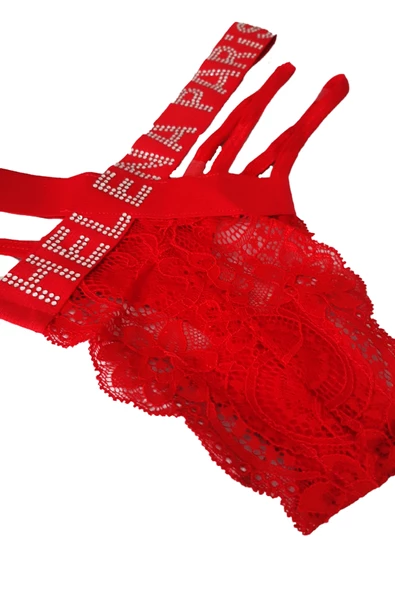 Kadın Kırmızı Önü Dantel Çapraz İpli Taşlı String Tanga - 3