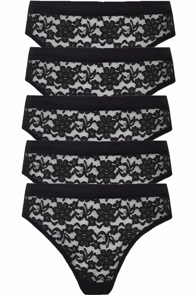 5li Kadın Dantelli Bikini Külot Pamuklu Arkası Düz - 3