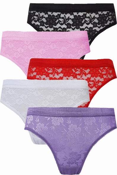 5li Kadın Dantelli Bikini Külot Pamuklu Arkası Düz - 6