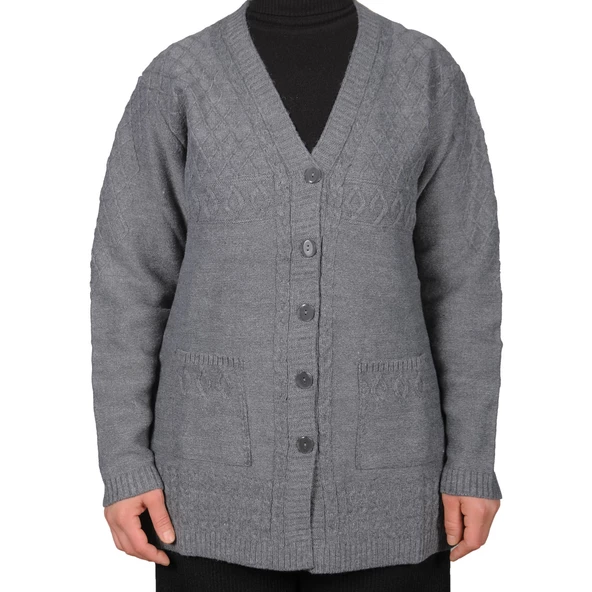 Büyük Beden Kadın Gri Düğmeli Kısa Hırka - 2