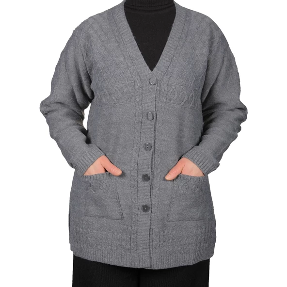 Büyük Beden Kadın Gri Düğmeli Kısa Hırka