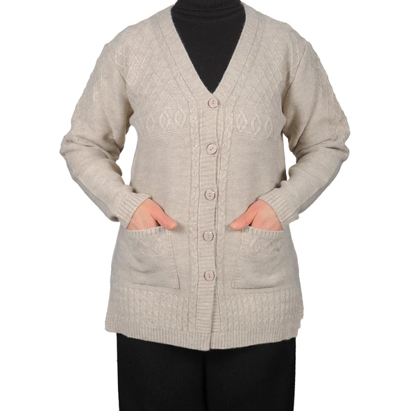 Büyük Beden Kadın Gri Düğmeli Kısa Hırka - 9