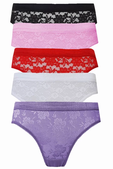 5li Kadın Dantelli Bikini Külot Pamuklu Arkası Düz - 8
