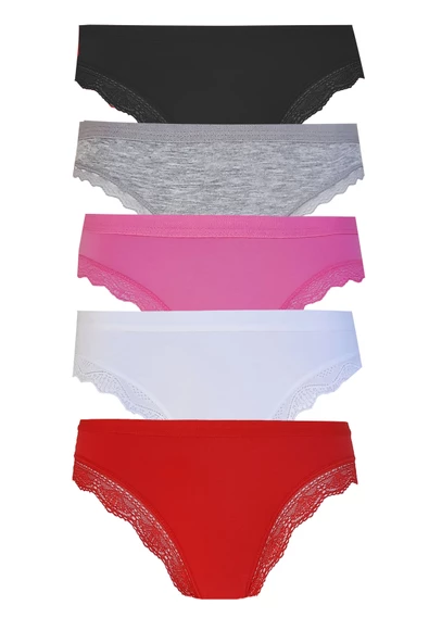 5li Kadın Pamuklu Paça Dantelli Bikini Külot İç Çamaşırı Işık