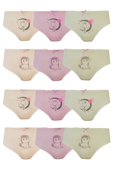 12li Tekkaplan Kız Çocuk Baskılı Renkli Külot Pamuklu Likralı Slip - 3