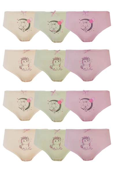 12li Tekkaplan Kız Çocuk Baskılı Renkli Külot Pamuklu Likralı Slip - 4