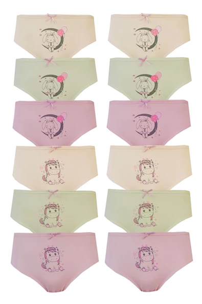 12li Tekkaplan Kız Çocuk Baskılı Renkli Külot Pamuklu Likralı Slip - 2