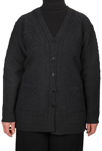 Kadın Antrasit Siyah Düğmeli Kısa Hırka - 2