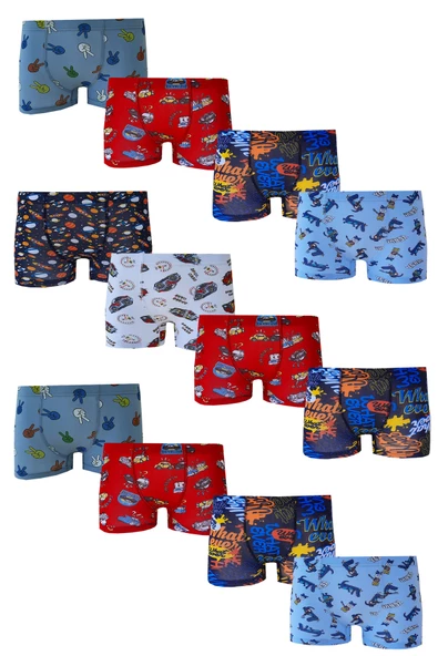 12li Erkek Çocuk Renkli Desenli Baskılı Boxer Külot - 4