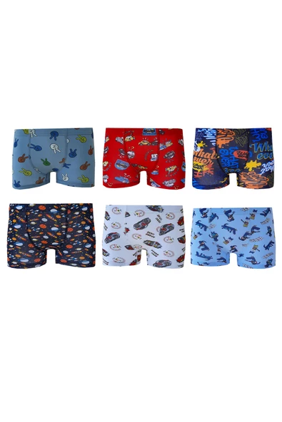 6lı Erkek Çocuk Renkli Desenli Baskılı Boxer Külot - 5