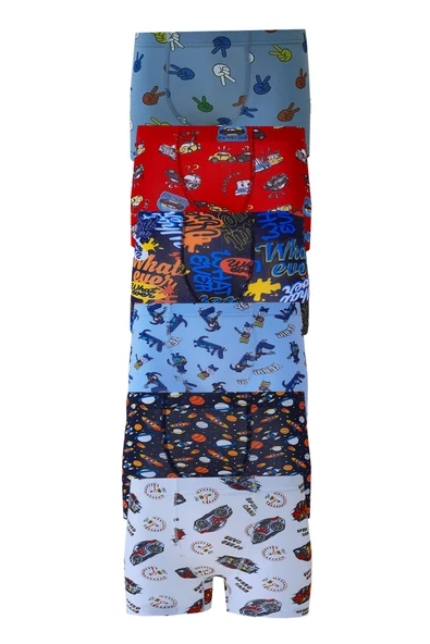 6lı Erkek Çocuk Renkli Desenli Baskılı Boxer Külot - 4