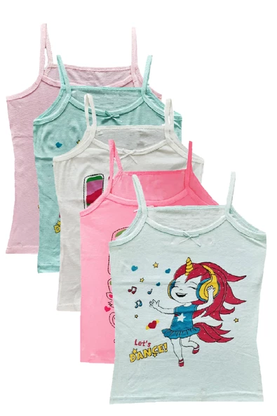 6lı Kız Çocuk İp Askılı Baskılı Düz Renk Atlet Pamuklu Renkli Sdf - 2