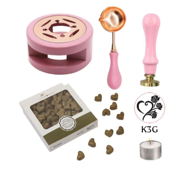 Davetiye Mum Mühürü Uygulama Seti Yavruağzı Renk K3G Kalp 3 Gül ürün görseli