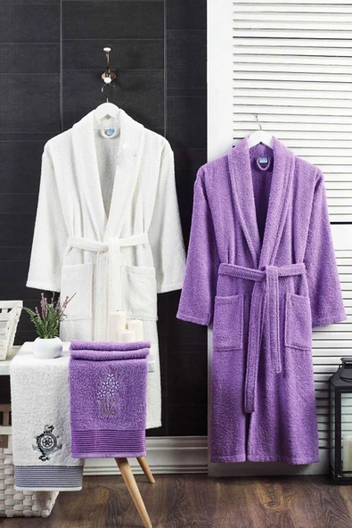 4 Parça Aile Bornoz Seti Kadın Erkek Havlulu Bornoz Takımı Beyaz Lavanta
