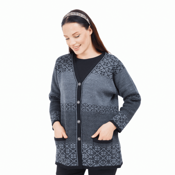 Fresh&Moda Kadın Siyah Gri Desenli  Düğmeli Triko Cepli Kışlık Anne Hırkası - 2